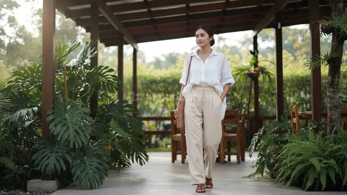 Celana loose tailored modern dipakai kerja santai, tetap rapi, nyaman menghadapi cuaca tropis lembap harian. (BTV/AI) 
