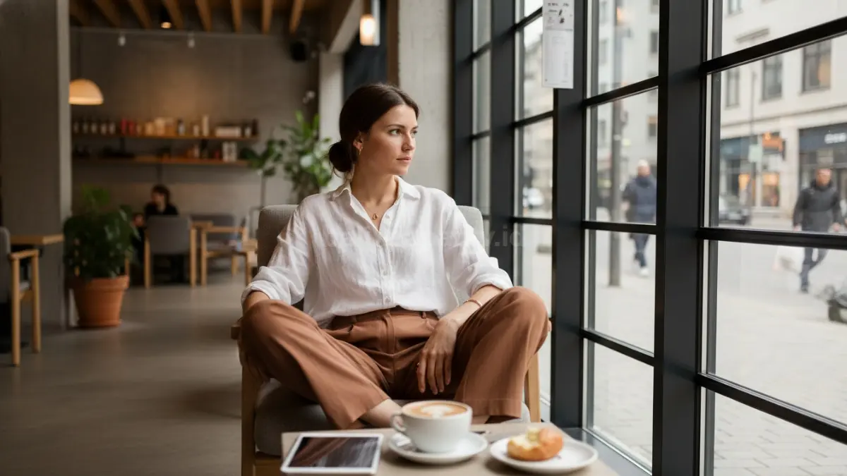 Celana loose tailored warna earthy dipakai santai di coffee shop modern dengan gaya urban minimalis (BTV/AI) 
