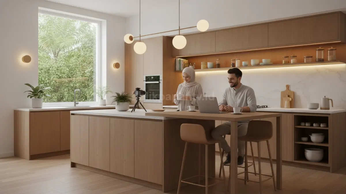 Dapur minimalis modern 2026 dengan kitchen set kayu matte dan pencahayaan warm cozy (BTV/Ai)