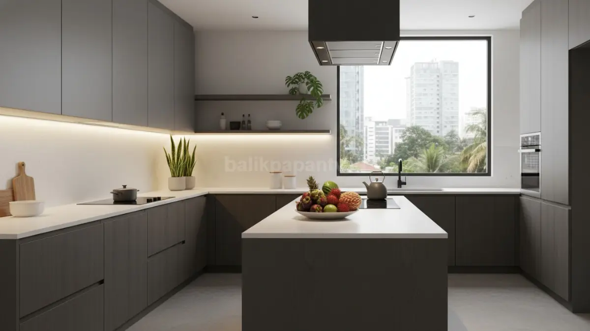 Dapur modern minimalis dengan pencahayaan warm white dan kabinet matte elegan tahun 2026
