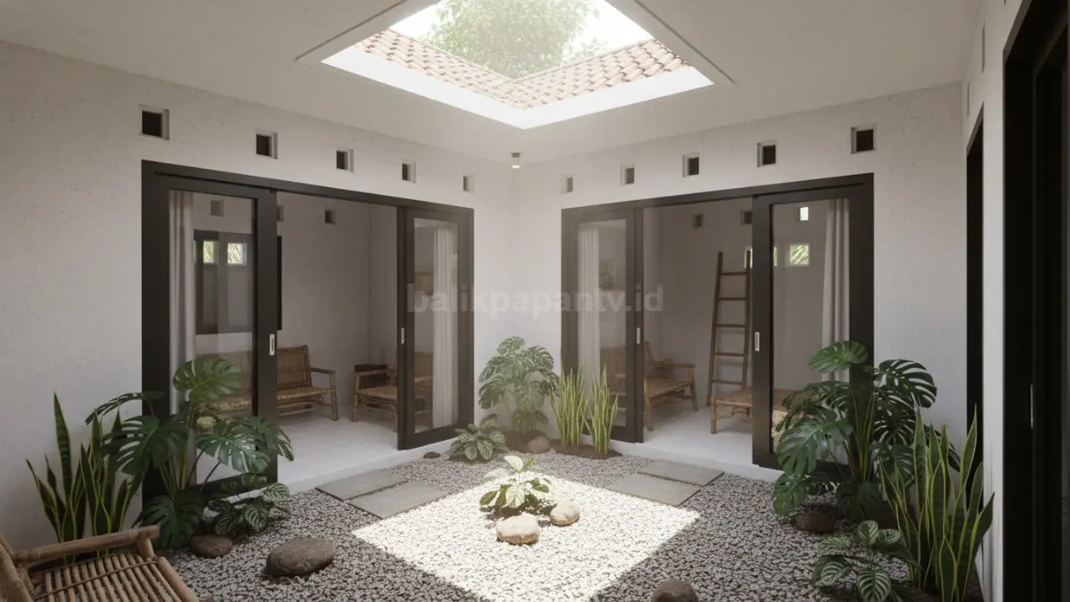 Desain inner court rumah desa modern dengan cahaya alami dan area santai keluarga sederhana