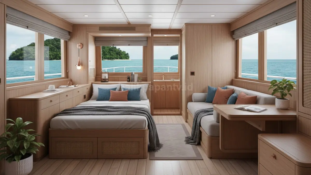 Desain interior kapal modern mengutamakan efisiensi ruang, kenyamanan, dan fleksibilitas untuk kehidupan bergerak dinamis. (BTV/AI)