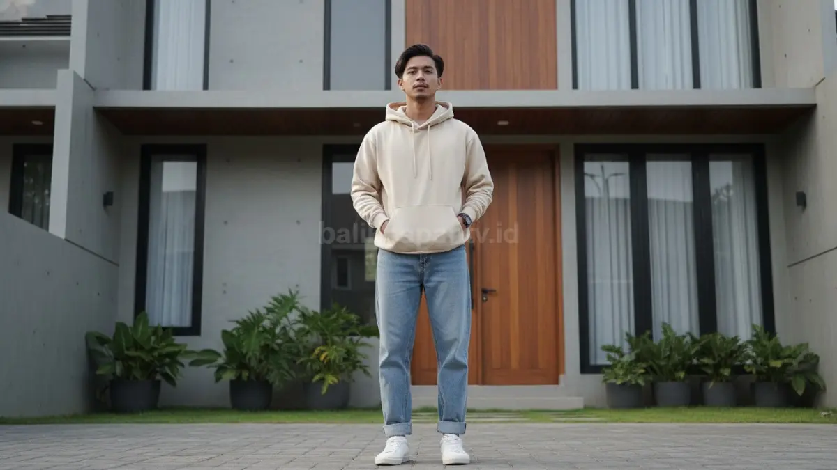 Fashion hoodie boxy warna netral dipadukan loose jeans untuk tampilan santai modern
