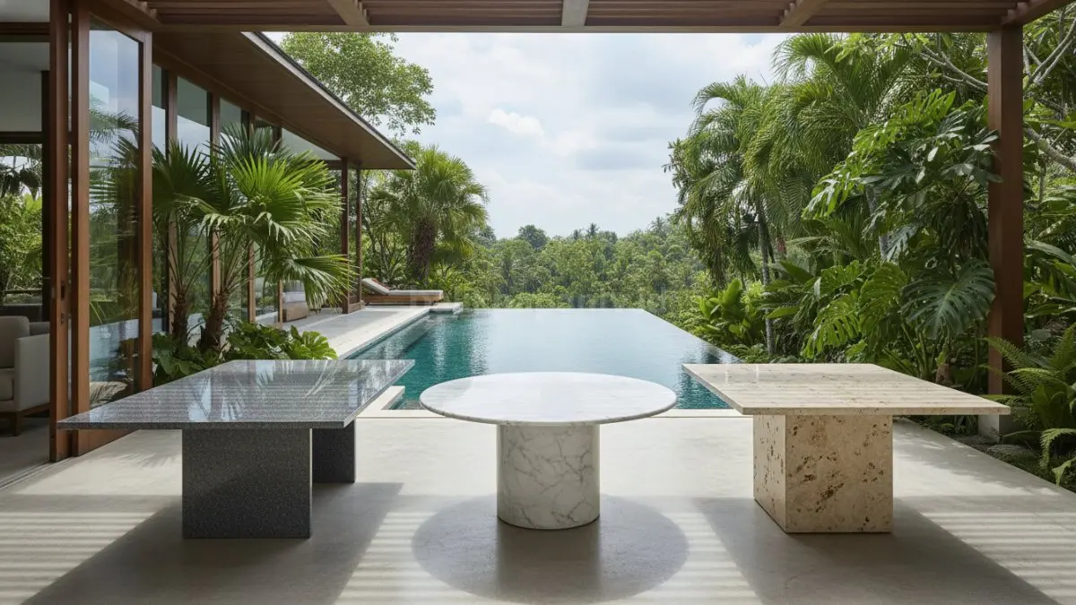 Granite, marble, dan travertine jadi pilihan stone table rumah tropis modern tahun 2026 paling diminati. (BTV/AI) 
