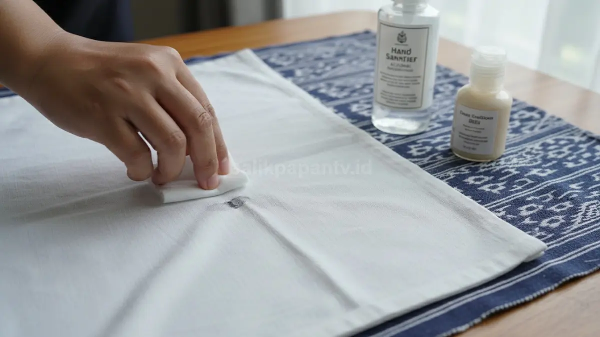 Hand sanitizer membantu mengangkat noda tinta pulpen jika ditekan perlahan tanpa digosok pada permukaan kain. (BTV/AI)
