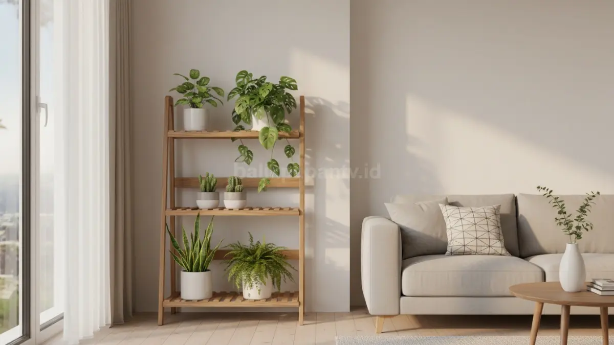 Indoor garden minimalis dengan monstera mini dan rak kayu estetik di ruang tamu modern (BTV/Ai)