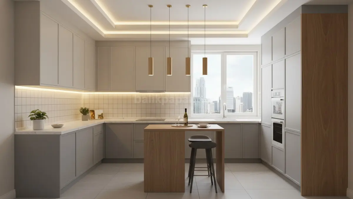 Inspirasi dapur kecil terlihat premium menggunakan warna netral dan lampu tersembunyi
