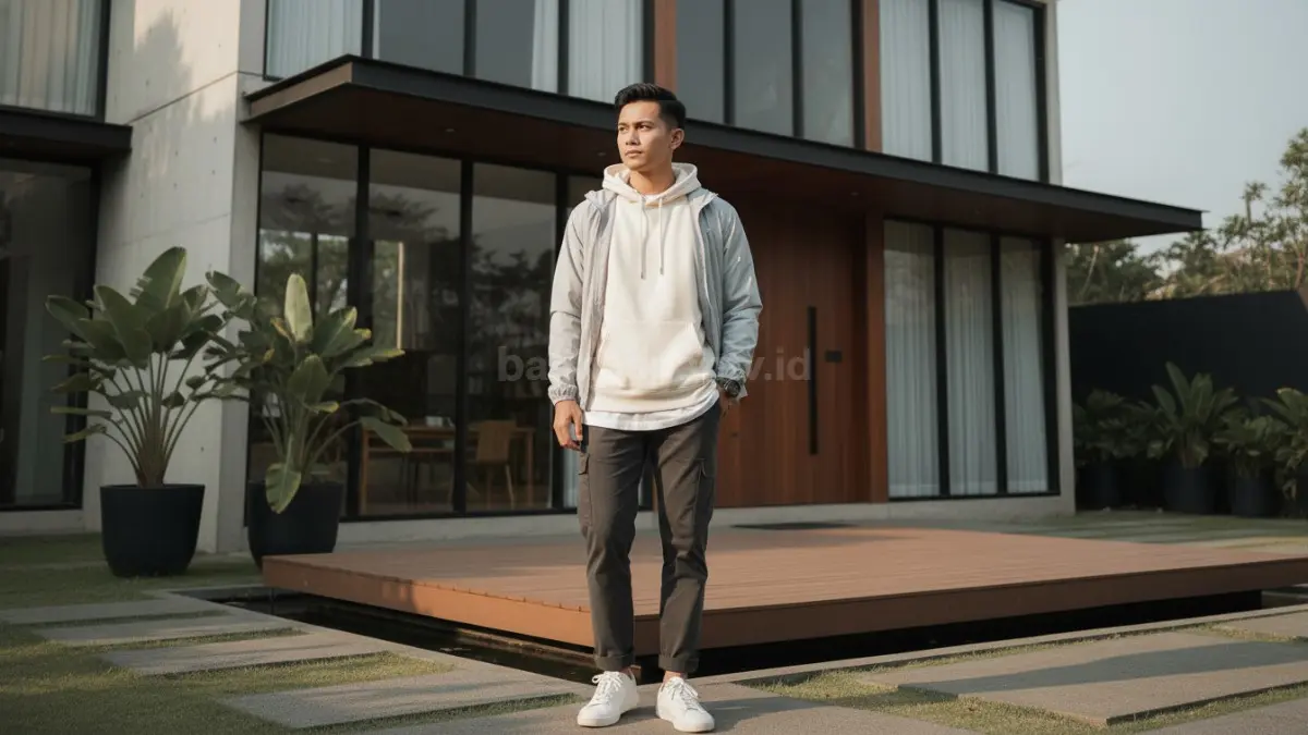 Inspirasi outfit hoodie boxy dengan sneakers putih minimalis dan layering tipis
