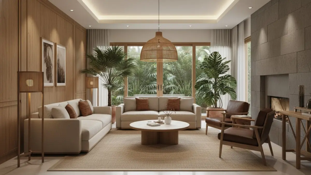 Inspirasi ruang tamu timeless 2026 menghadirkan pencahayaan berlapis, material alami, dan furnitur elegan yang hangat.(BTV/AI) 