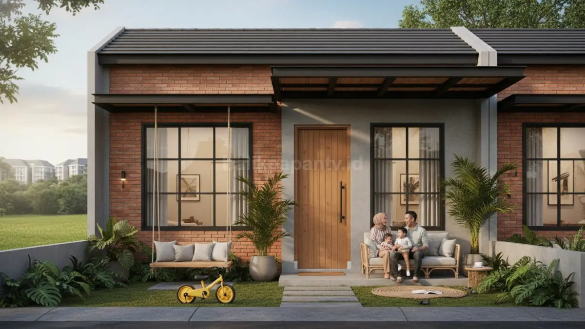 Rumah industrial modern tropis dengan taman kecil dan pencahayaan alami untuk keluarga muda