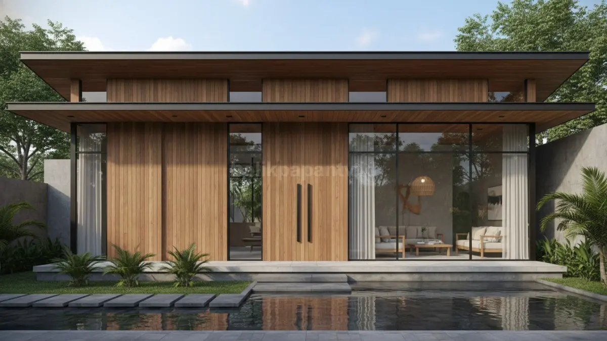Inspirasi rumah minimalis modern memakai material kayu dan pencahayaan alami
