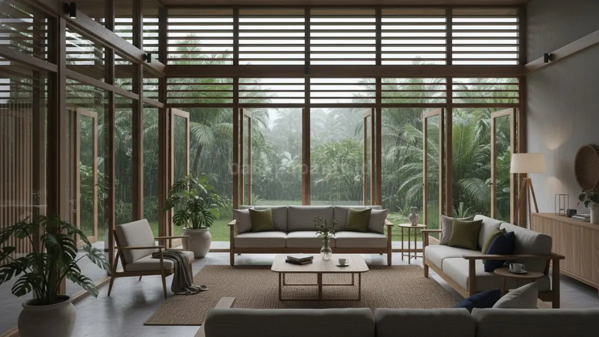 Interior rumah modern tetap kering dan nyaman saat musim hujan dengan ventilasi alami yang baik