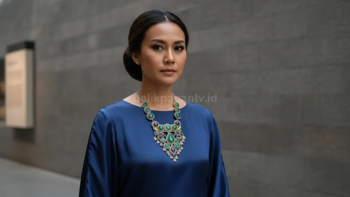 Kalung statement dipadukan dress polos untuk tampilan elegan dan simpel.
