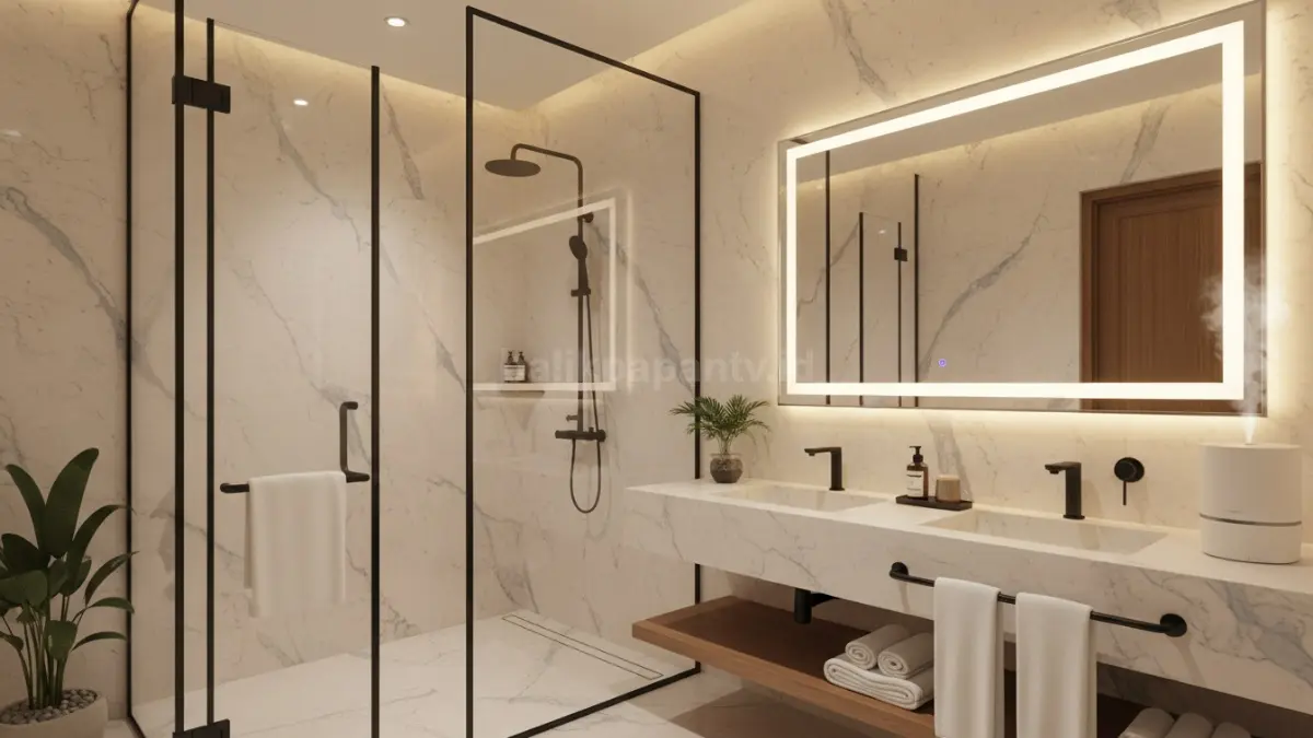 Kamar mandi hotel style modern dengan shower kaca dan cermin LED warm light yang bikin suasana rileks (BTV/Ai)