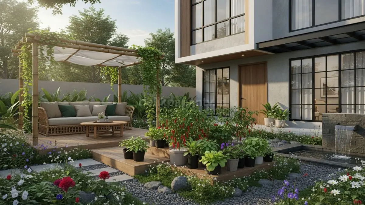 Kebun rumah modern 2026 menghadirkan edible garden, bunga liar, dan area santai hijau yang menenangkan. (BTV/AI)
