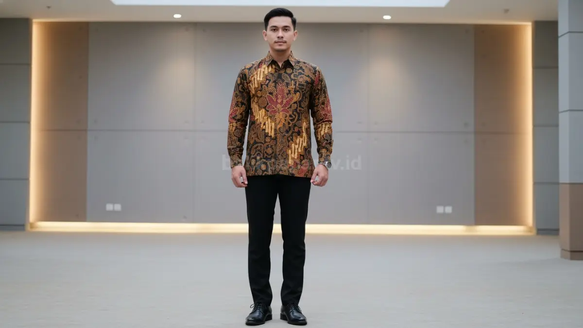 Kemeja batik lengan panjang dengan celana formal warna gelap untuk acara resmi.