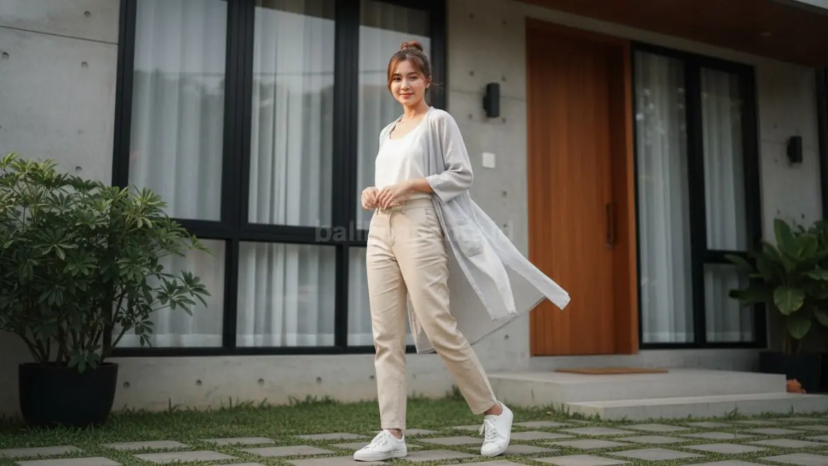 Kombinasi fresh outfit warna netral dengan outer tipis dan sneakers putih untuk gaya harian modern
