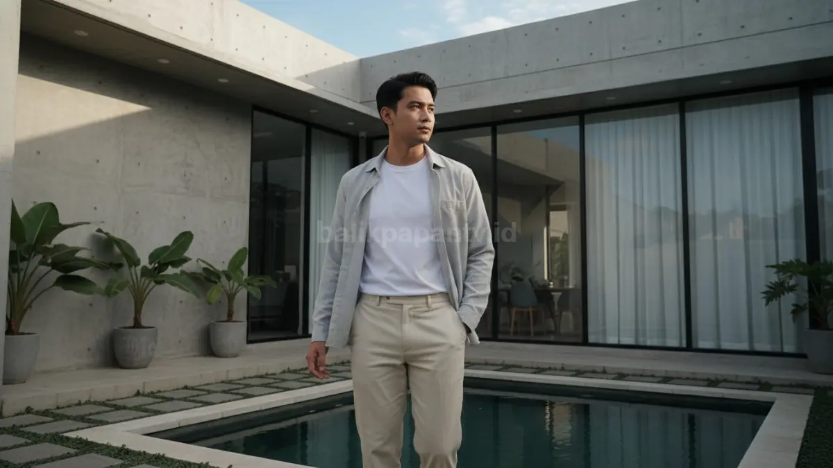 Kombinasi kaus putih dan overshirt tipis dalam konsep layering minimalis modern.
