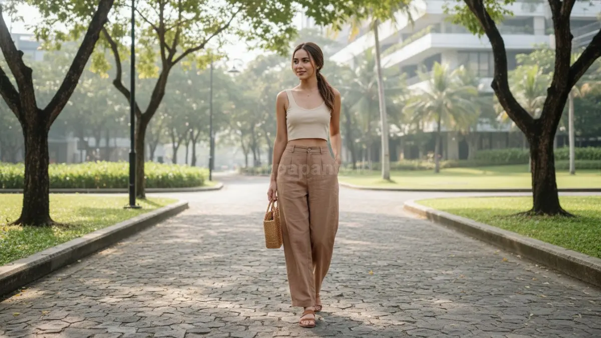 Loose tailored warna earthy berbahan ringan cocok dipakai cuaca tropis, nyaman untuk aktivitas harian modern. (BTV/AI) 
