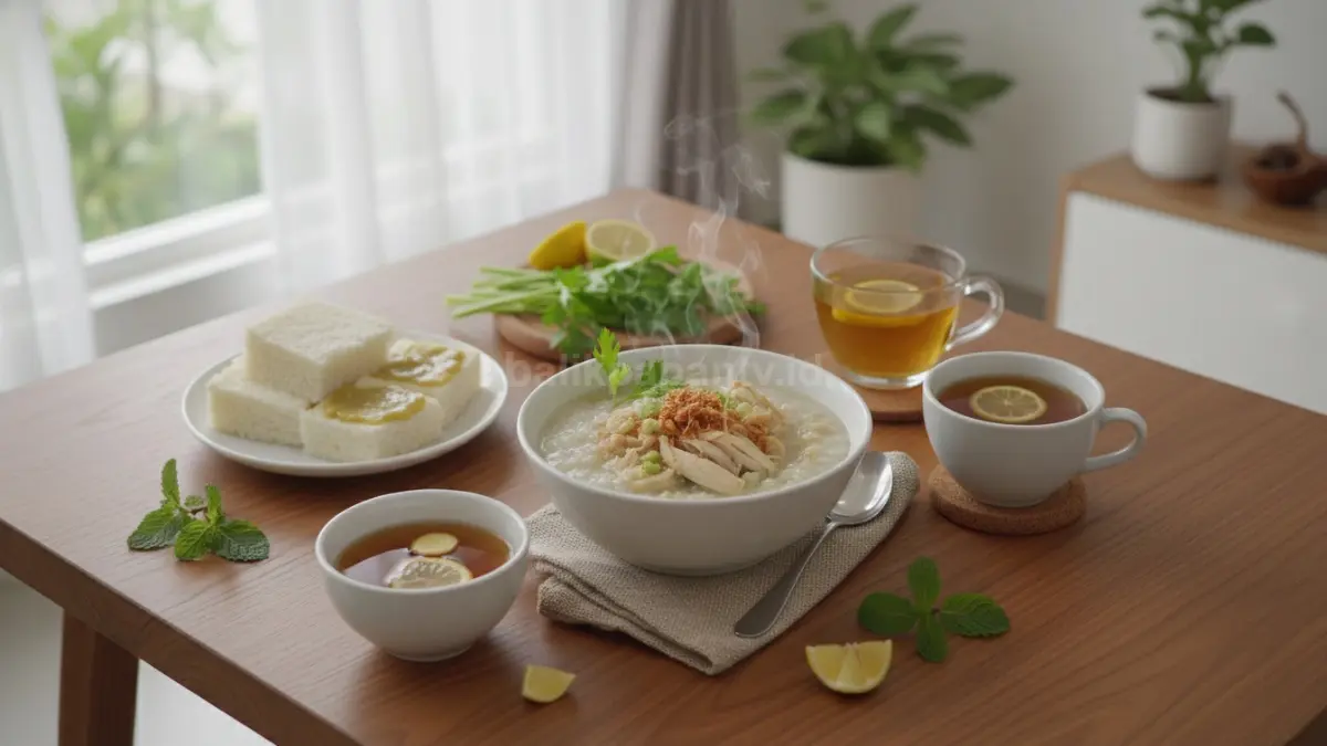 Makanan lembut dan air hangat untuk membantu meredakan mual dan muntah di rumah.
