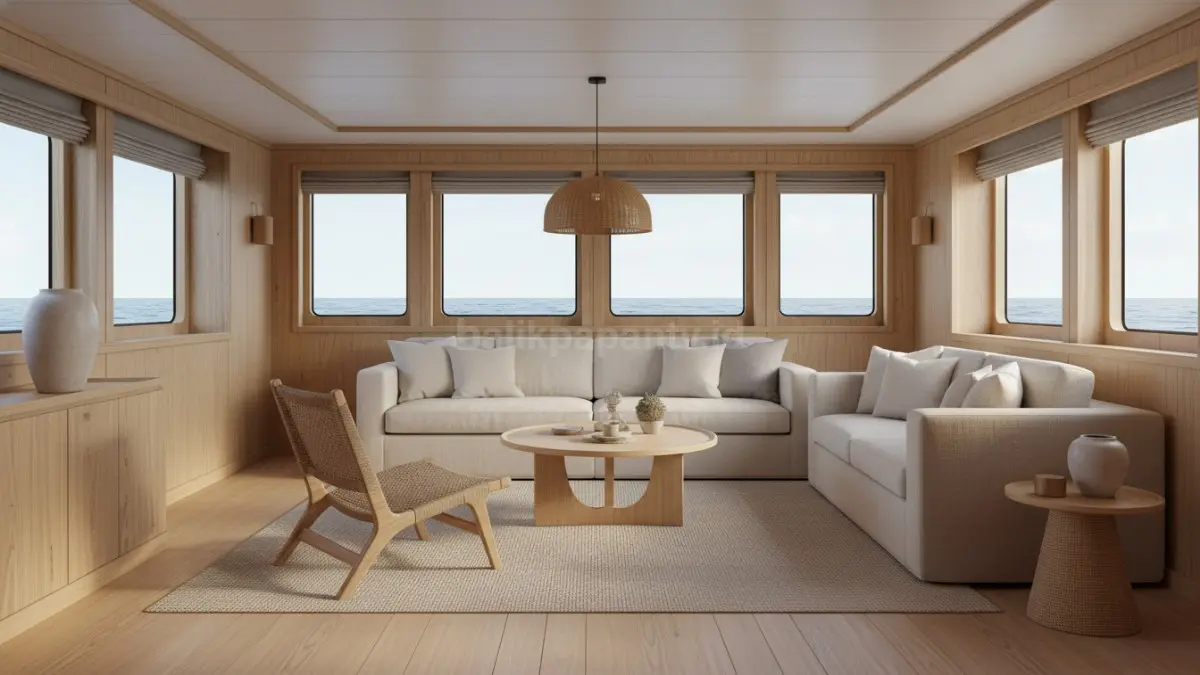 Material natural dan warna netral membuat interior kapal terasa hangat, ringan, serta nyaman dipakai lama. (BTV/AI)