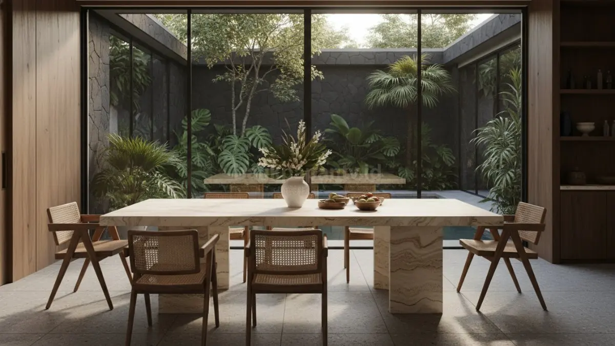 Meja batu travertine modern dengan nuansa natural untuk ruang makan rumah tropis (BTV/AI) 
