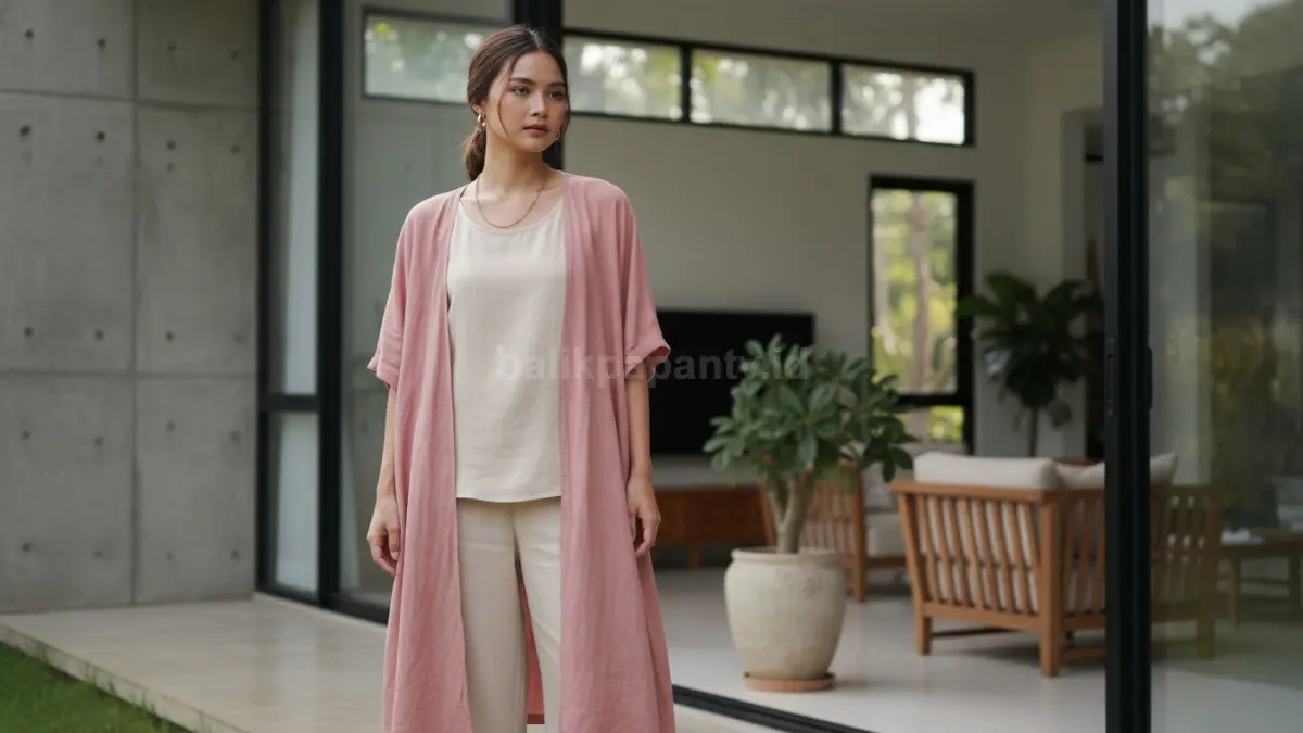 Model mengenakan fashion layering tipis dengan outer linen ringan untuk gaya harian modern dan rapi.

