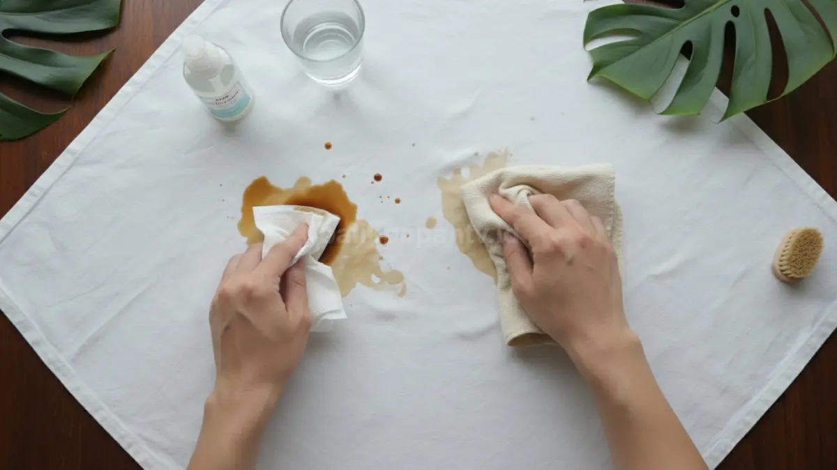 Noda kopi dan teh lebih mudah dibersihkan dengan air dingin, tisu kering, dan sabun cair ringan. (BTV/AI)
