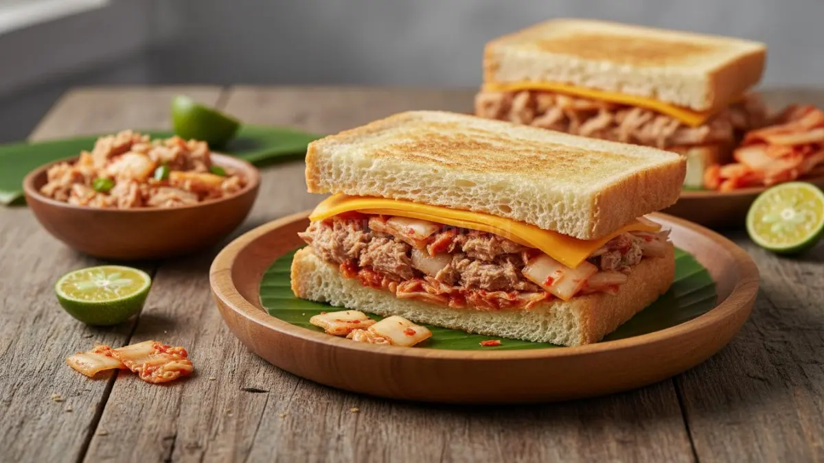 Oles mentega pada roti, isi tuna kimchi dan keju, lalu tutup dengan roti lainnya. (BTV/AI)