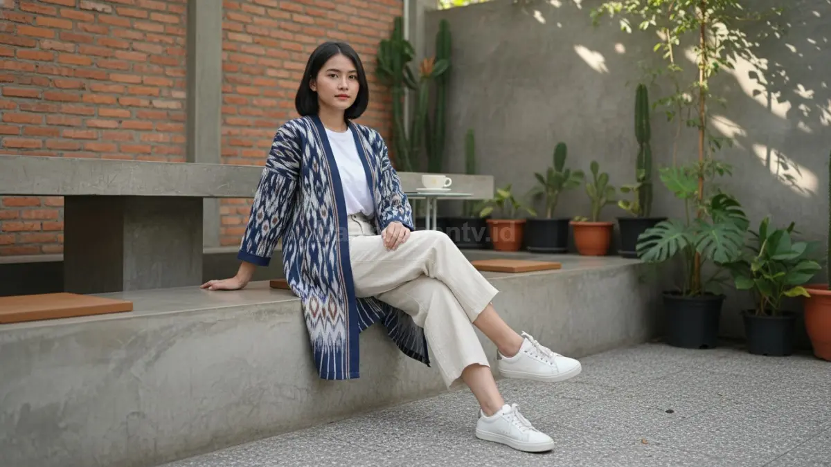 Outer batik dan sneakers minimalis jadi kombinasi santai yang nyaman dipakai harian.
