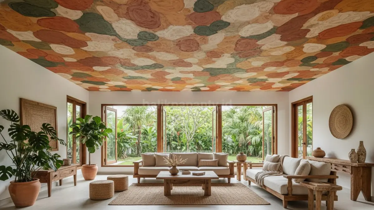 Painted ceilings warna earthy tone membuat ruang tamu modern terasa hangat dan estetik (BTV/AI) 
