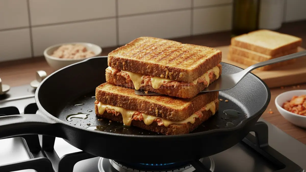 Panggang sandwich hingga roti renyah kecokelatan dan keju meleleh sempurna di kedua sisi. (BTV/AI)