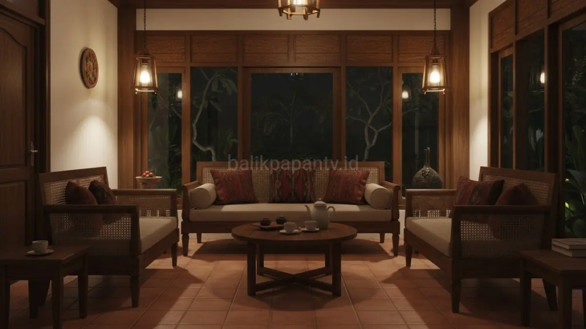 Pencahayaan warm white membantu warna kayu tampil lebih elegan dan hangat saat malam hari.(BTV/AI) 