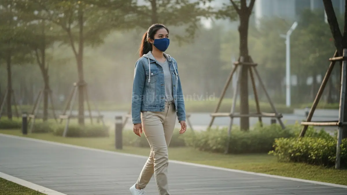 Penggunaan masker saat berada di luar rumah untuk mengurangi paparan polusi dan debu