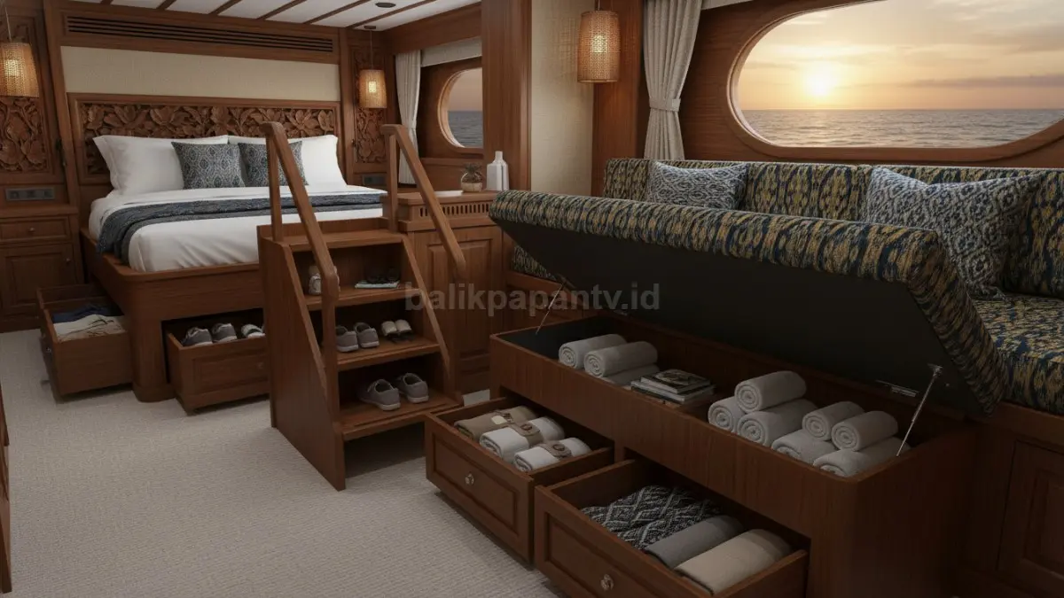 Penyimpanan tersembunyi di bawah furnitur membantu ruang kapal tetap rapi tanpa mengurangi area gerak. (BTV/AI)