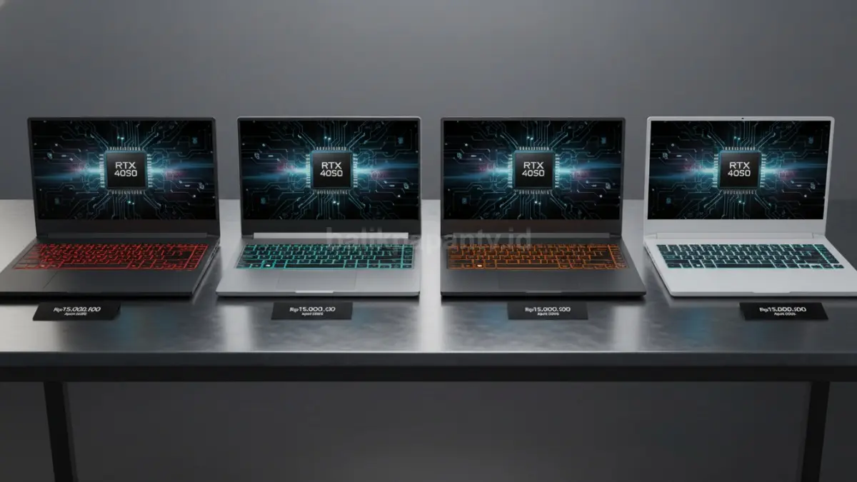 Perbandingan empat laptop gaming Rp15 jutaan April 2026 dengan RTX 4050 dan layar refresh rate tinggi. (BTV/Ai)