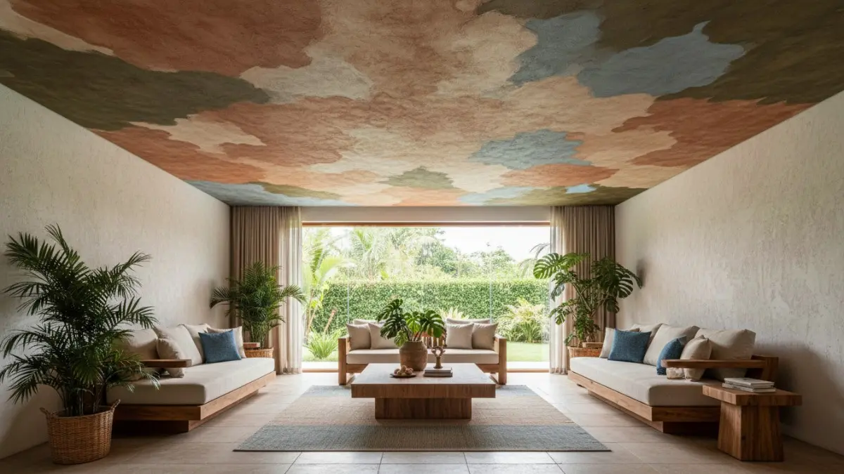Plafon warna earthy dan soft blue bikin rumah modern terasa adem, hangat, serta lebih personal alami. (BTV/AI) 
