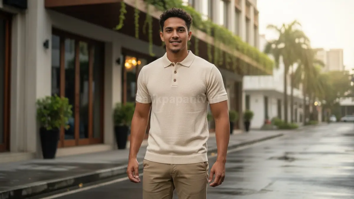  Polo knit pria bahan ringan warna netral nyaman dipakai cuaca tropis dan aktivitas harian modern. (BTV/AI) 
