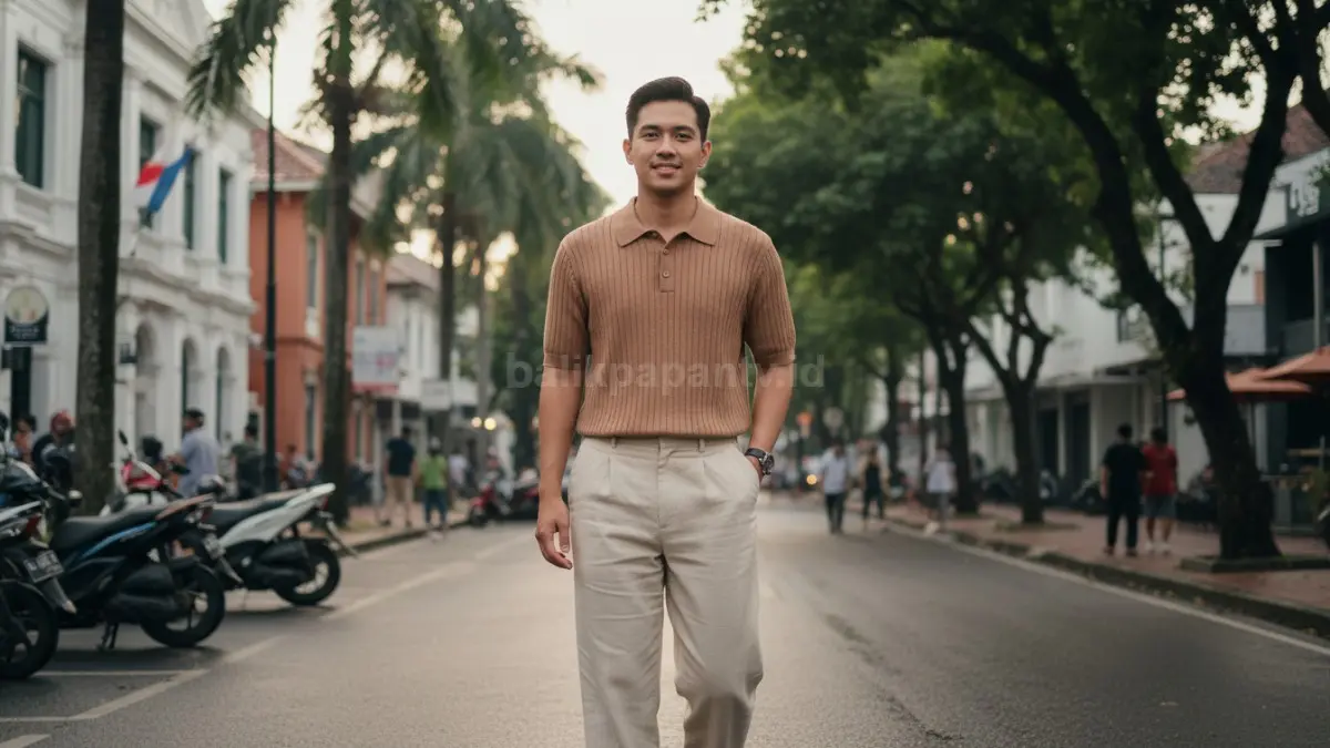 Pria memakai polo knit earthy modern dipadukan loose tailored santai di area urban tropis. (BTV/AI) 

