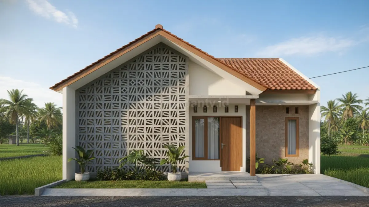 Roster beton geometris mempercantik fasad sekaligus melancarkan ventilasi rumah modern tropis hemat biaya pembangunan.