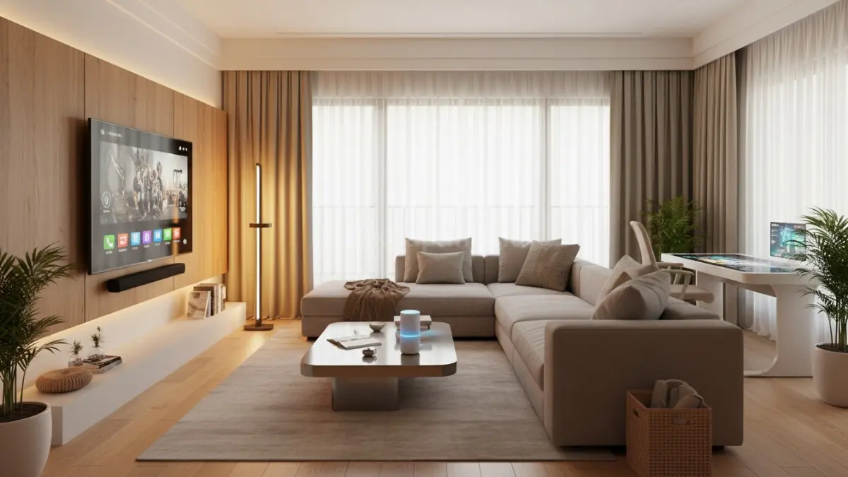 Ruang keluarga smart home decor dengan lampu pintar warm light dan interior minimalis modern (BTV/Ai)