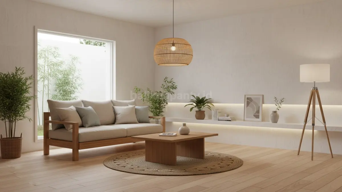 Ruang tamu Japandi minimalis 2026 dengan sofa kayu natural dan pencahayaan hangat yang bikin rumah terasa nyaman (BTV/Ai)