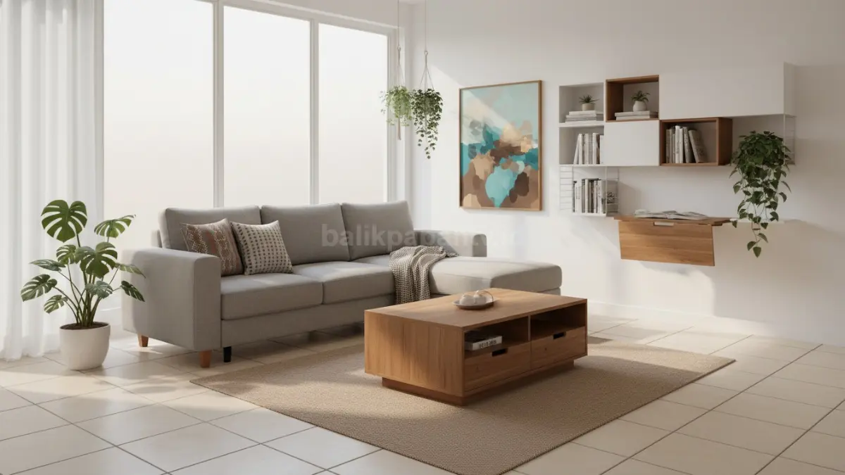 Ruang tamu rumah minimalis rapi dengan pencahayaan alami dan furnitur multifungsi modern