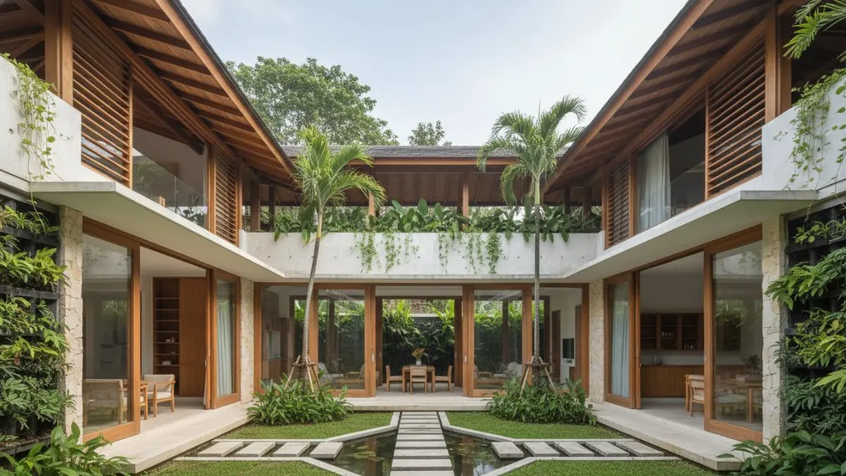 Rumah minimalis tropis modern dengan ventilasi alami dan taman kecil untuk iklim panas Indonesia