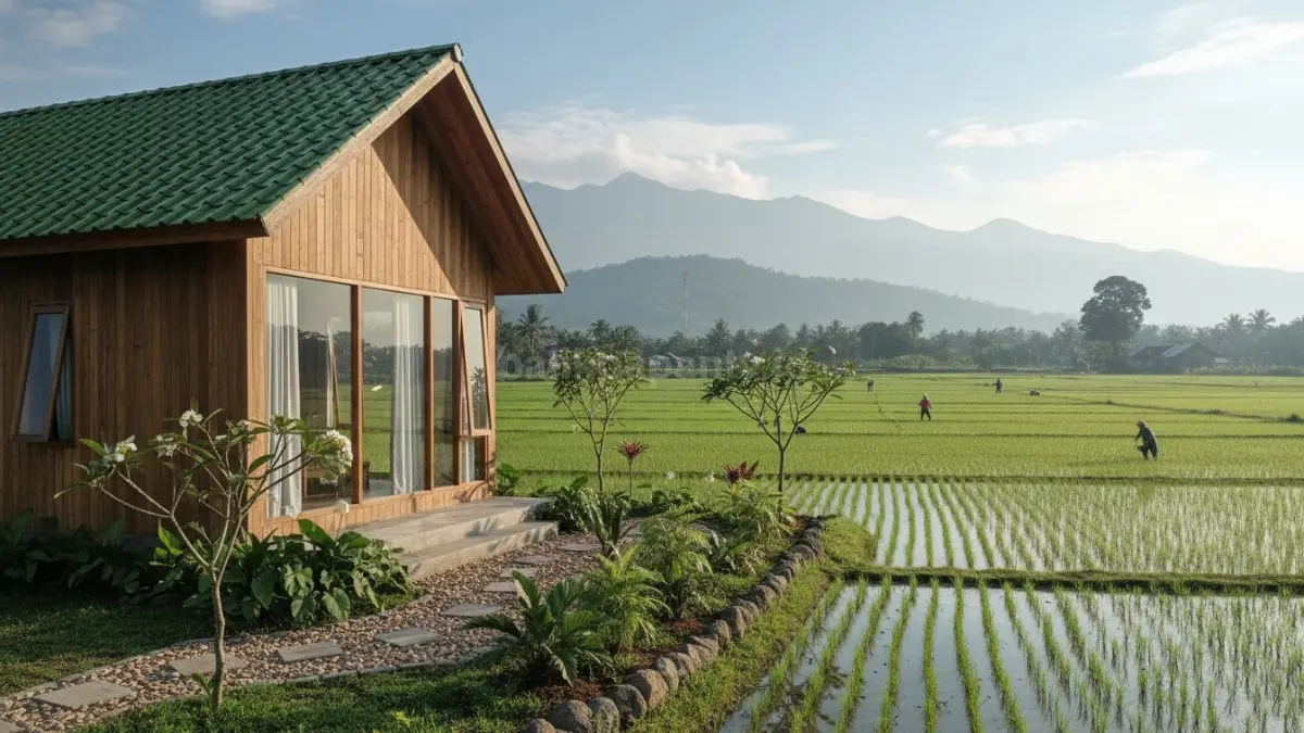 rumah sederhana didesa dengan taman kecil dan nuangsa alam pedesaan sawah dan pegunungan