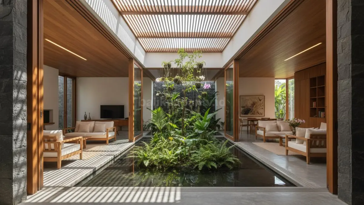 Rumah tropis modern dengan taman tengah dan cahaya alami masuk ke ruang keluarga
