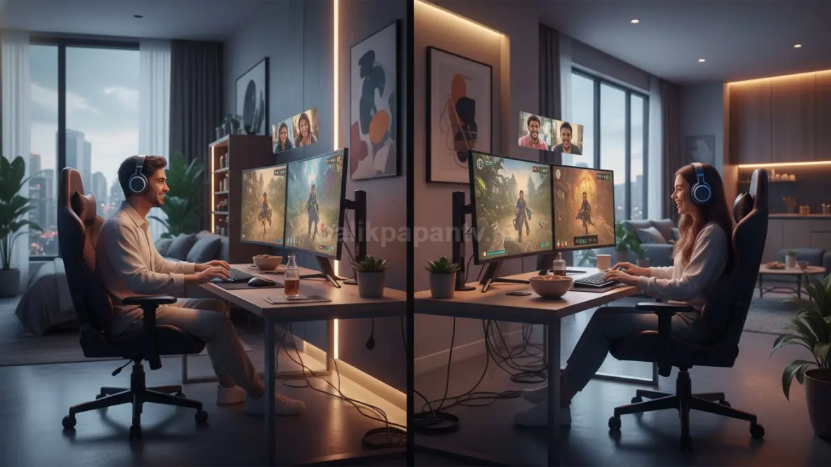 Sekelompok teman bermain game online dari rumah sambil tetap terhubung lewat komunikasi virtual.
