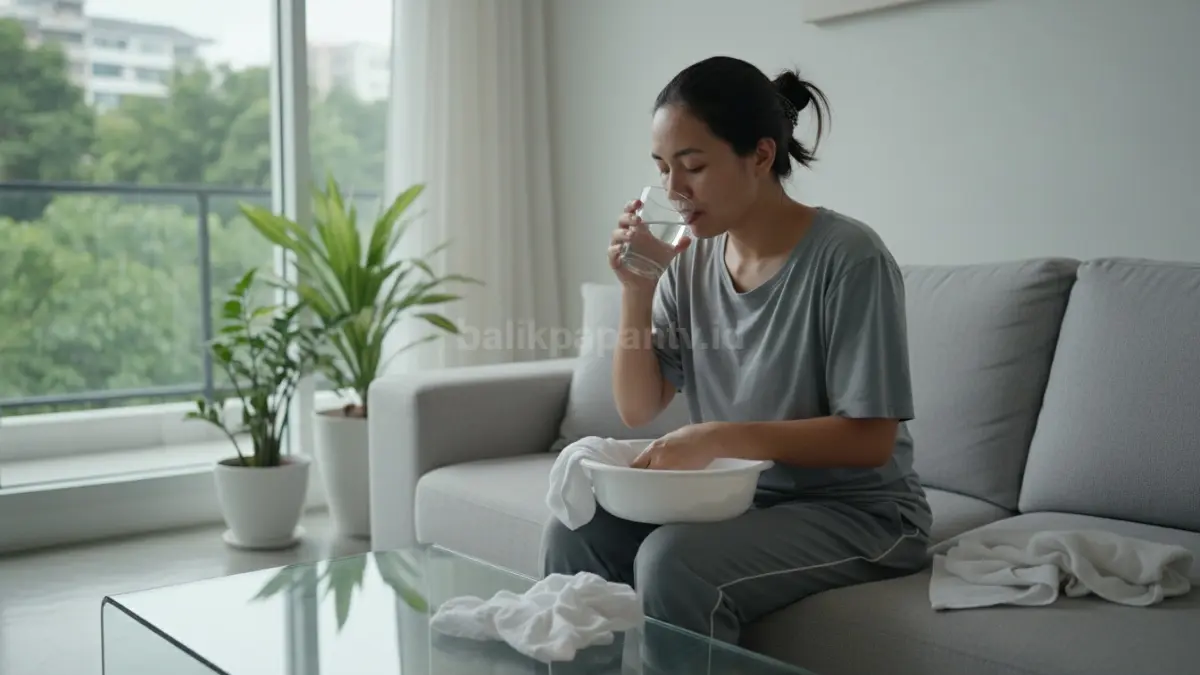 Seseorang duduk sambil memegang gelas air putih saat mengatasi muntah muntah di rumah dengan cara sederhana.
