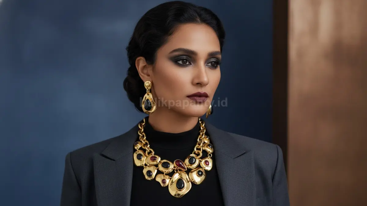 Statement jewelry dengan kalung besar dan anting elegan dipadukan outfit modern warna gelap.