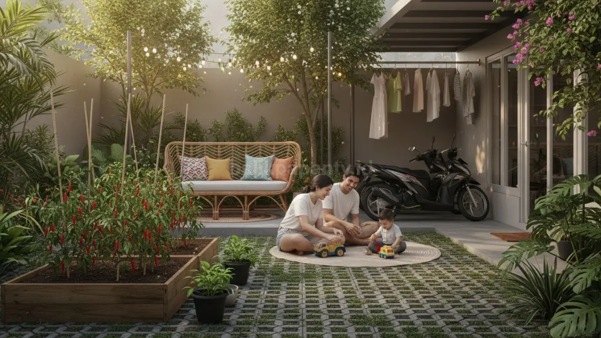Taman belakang multifungsi jadi ruang santai, kebun cabai, dan area jemur alami keluarga muda modern.